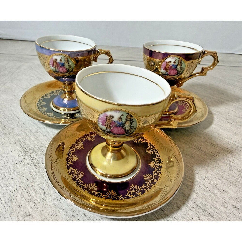 3 Royal Vienna Courting Couple Demitasse Cup Saucer Pedestal Hand Painted 11/620